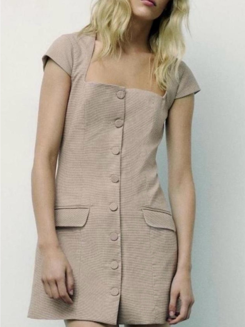 Zara Beige Square-Neck Button Mini Dress